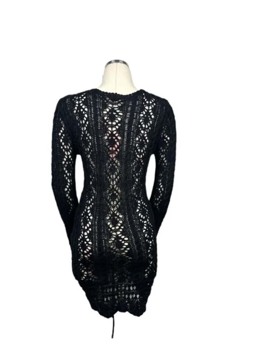 Miss Lola Black Crochet Bell Sleeve Drawstring Mini Dress Small - Picture 4 of 5